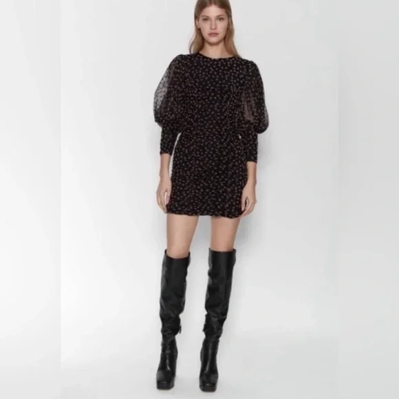 zara sheer sleeve dress NWOT Zara Puff Sheer Sleeve Textured Floral Dress- XS